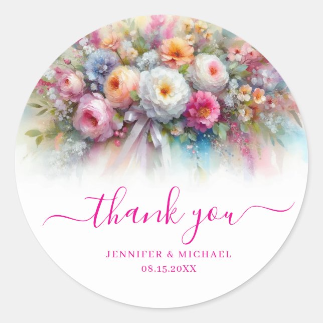 Custom Calligraphy Thank You Watercolour Flowers Runder Aufkleber (Vorderseite)