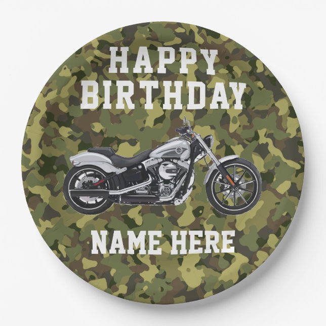 Custom Camouflage Motorrad Happy Geburtstag Name Pappteller (Vorderseite)