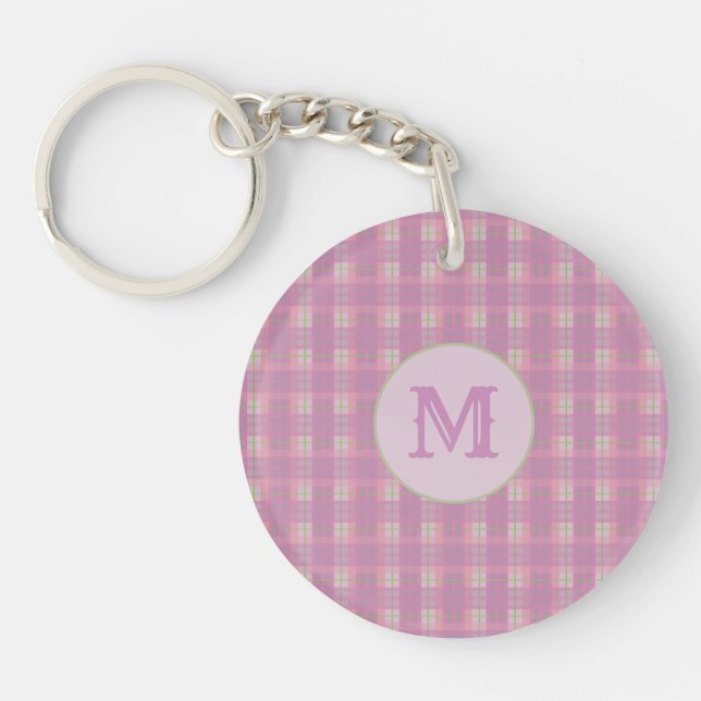 Custom Capital Initial Pink Plaid Stripe Key Chain Schlüsselanhänger (Vorderseite)