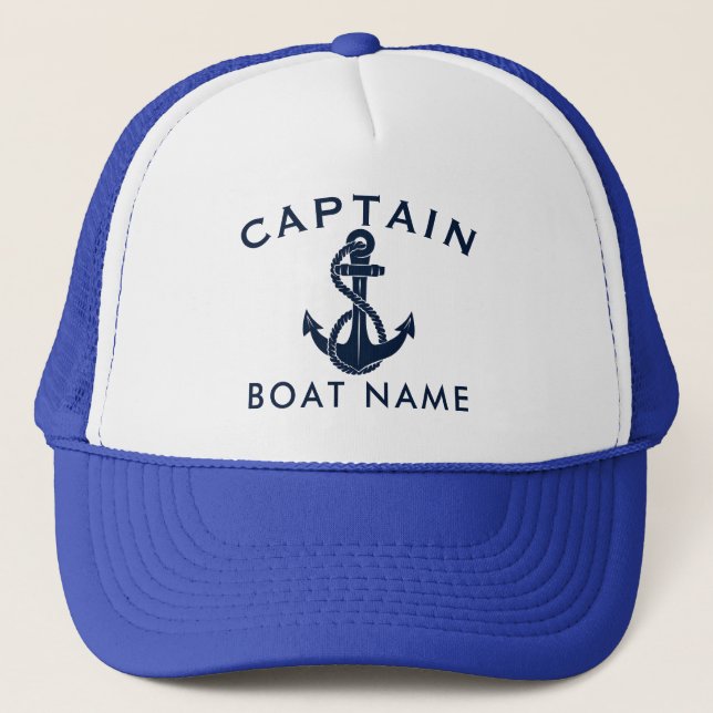 Custom Captain Boat Name Anchor Navy Blue Truckerkappe (Vorderseite)