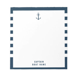 Custom Captain Boat Nautical Anchor Navy Stripes Notizblock