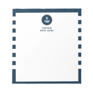 Custom Captain Boat Nautical Anchor Navy Stripes Notizblock