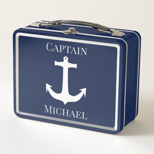 Custom Captain Name Nautical Navy Anchor Metall Brotdose (Vorderseite)