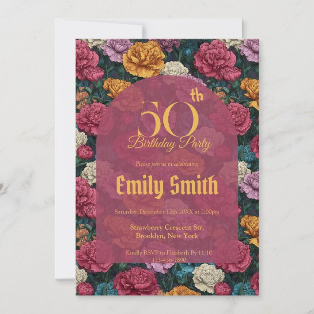 Custom Carnation Petal 50Th Birthday Einladung (Vorderseite)