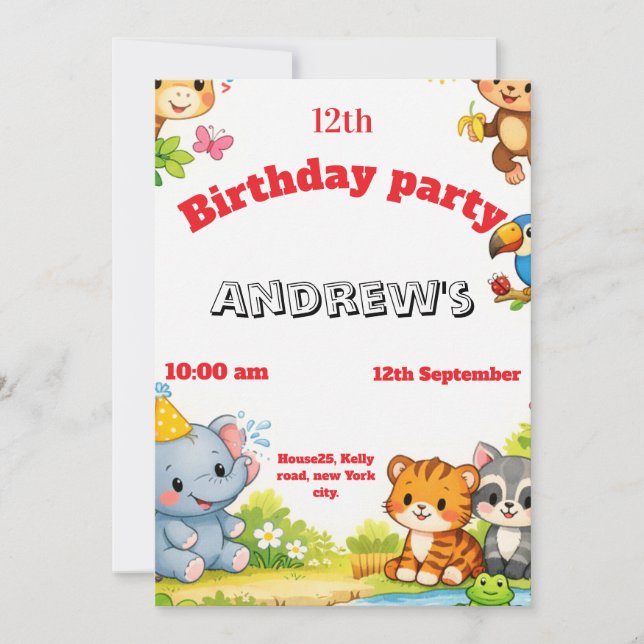 Custom Cartoon Animal Birthday Invitation  Einladung (Vorderseite)