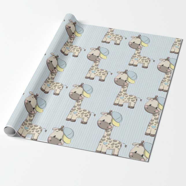 Custom Cartoon Baby Boy Giraffe Wrapping Paper Geschenkpapier (Ungerollt)