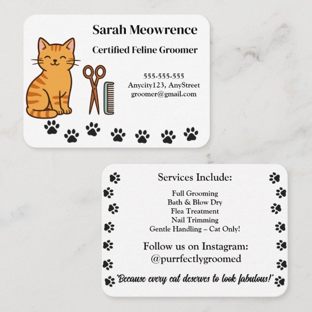 Custom Cat Groomer Business Card – Cute Paw Print  Visitenkarte (Vorne/Hinten)