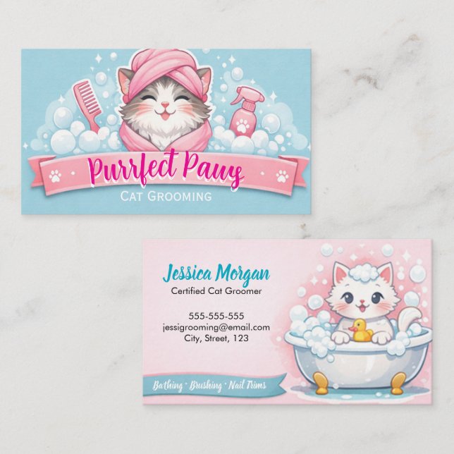 Custom Cat Groomer Business Card – Pastel Design Visitenkarte (Vorne/Hinten)