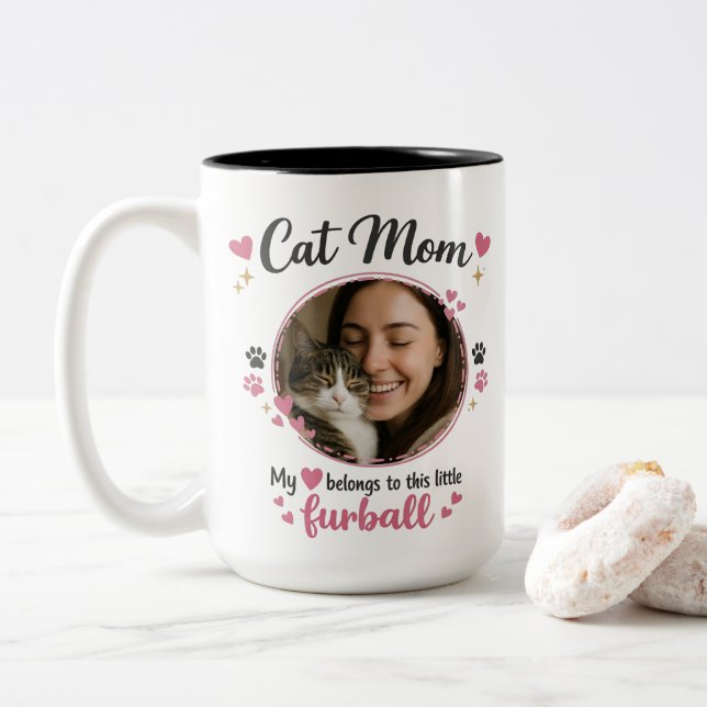 Custom Cat Mom Mug with Photo – Gift For Cat Mom Zweifarbige Tasse (Mit Donut)