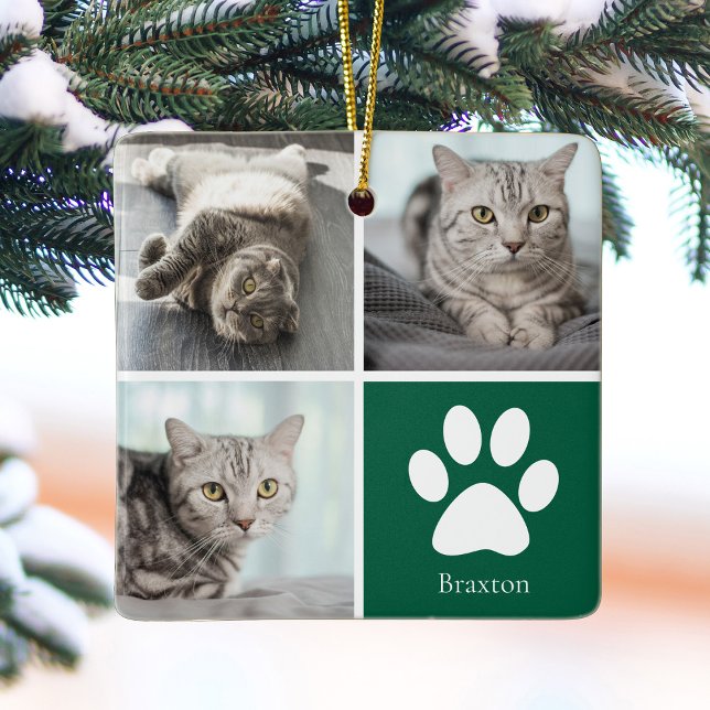 Custom Cat Photo Collage Cute Green Christmas Keramikornament (Von Creator hochgeladen)