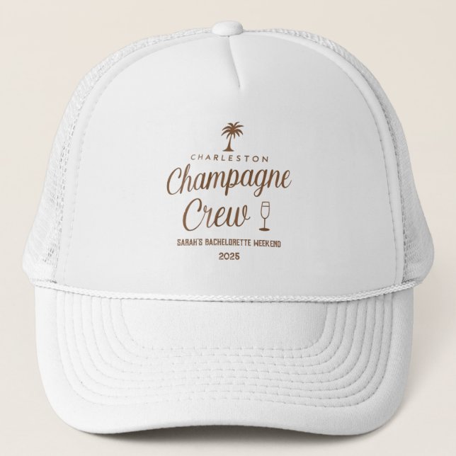 Custom Charleston Champagne Crew Bachelorette Truckerkappe (Vorderseite)
