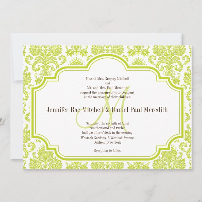 Custom Chartreuse Damask Wedding Einladungen (Vorderseite)