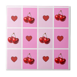 Custom Cherry Heart Checkerboard Pattern Fliese