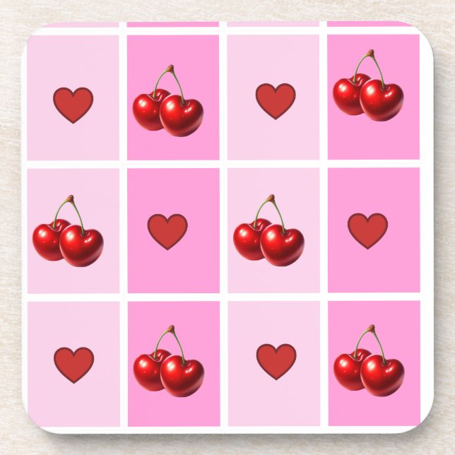Custom Cherry Heart Checkerboard Pattern Getränkeuntersetzer (Vorderseite)