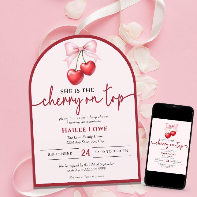 Custom Cherry on top Coquette Pink Bow Baby Dusche Einladung (Von Creator hochgeladen)