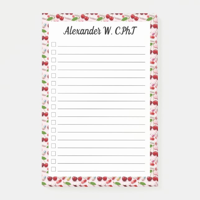 Custom Cherry Pharmacy Tech Karo List Post it Post-it Klebezettel (Vorderseite)