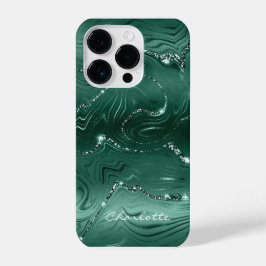 Custom Chic Emerald Green Silver Glitzer Muster iPhone 14 Pro Hülle