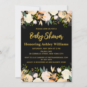 Custom Chic Girly Black & Gold Floral Baby Dusche Einladung