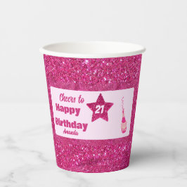 Custom Chic Pink Glitzer Cheers 21 Happy Birthday Pappbecher