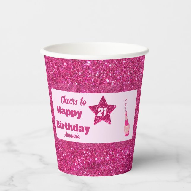 Custom Chic Pink Glitzer Cheers 21 Happy Birthday Pappbecher (Vorderseite)