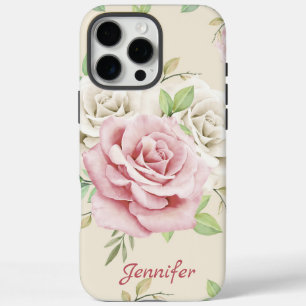 Custom Chic White Pink Roses Green Blätter Floral iPhone 16 Pro Max Hülle