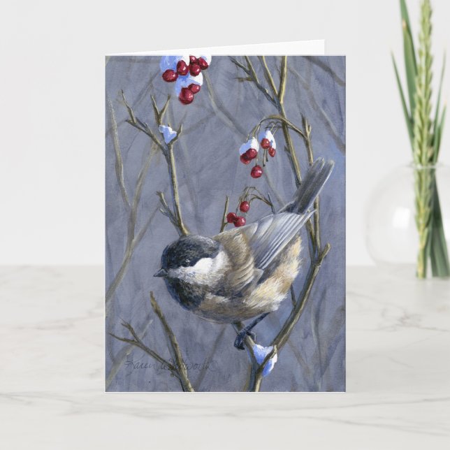 Custom Chickadee & Berries - Winterschnee Weihnach Feiertagskarte (Vorderseite)