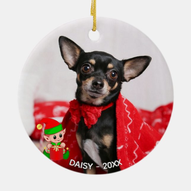 Custom Chihuahua Dog Foto mit Niedlichem Elf Keramik Ornament (Hinten)