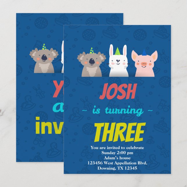 Custom Childs Birthday Card Animals Hats Cartoon Einladung (Vorne/Hinten)