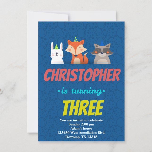 Custom Childs Birthday Card Animals Hats Cartoon Einladung (Vorderseite)