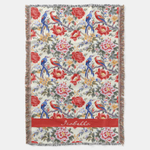 Custom Chinoiserie Asian Floral Pink Blue Red Bird Decke