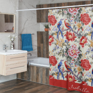Custom Chinoiserie Asian Floral Pink Blue Red Bird Duschvorhang