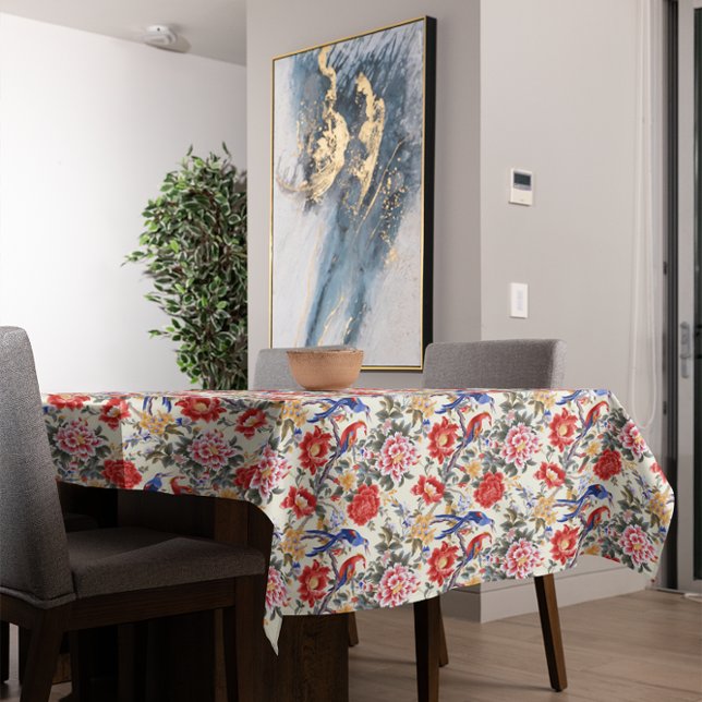 Custom Chinoiserie Asian Floral Pink Blue Red Bird Tischdecke (Von Creator hochgeladen)