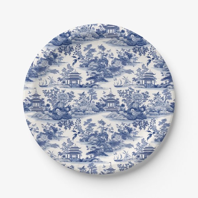 Custom Chinoiserie Muster Pagoda Blau Pappteller (Vorderseite)
