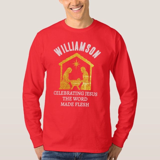 Custom Christian Glitter Nativity Family Christmas T-Shirt (Vorderseite)