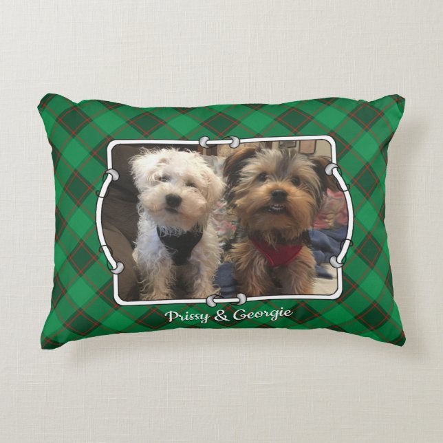 Custom Christmas 2 Foto Frame Rot und Grün Kariert Dekokissen (Vorderseite)