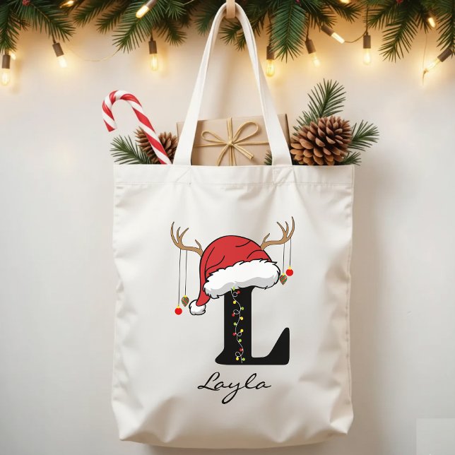 Custom Christmas Alphabet Monogram Tote Bag Tragetasche (personalized Christmas gift, holiday season tote, Christmas office gift, Christmas bag for coworkers)