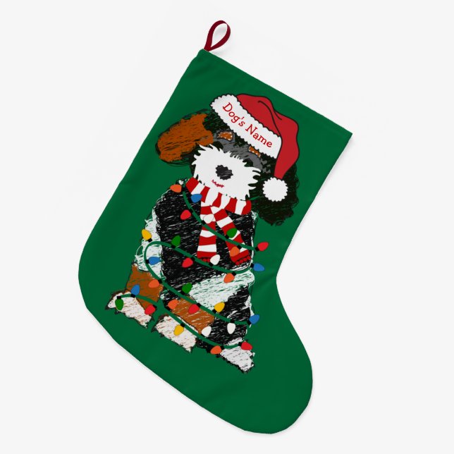 Custom Christmas Bernedoodle Holiday Dog Großer Weihnachtsstrumpf (Vorderansicht (hängend))
