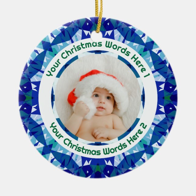 Custom Christmas Blue Green Family Photo Gift Keramik Ornament (Vorne)