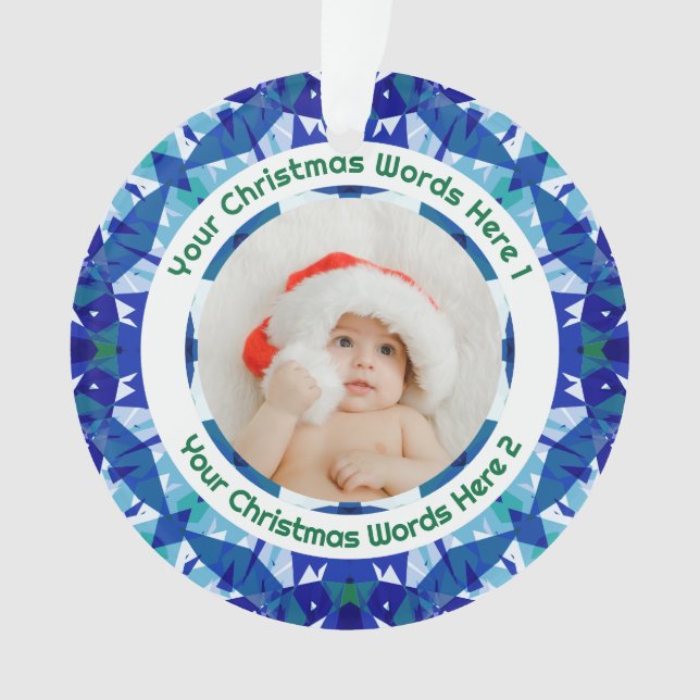 Custom Christmas Blue Green Family Photo Gift Ornament (Vorderseite)