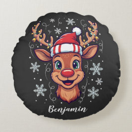 Custom Christmas Cheer Cute Reindeer in Hat  Rundes Kissen
