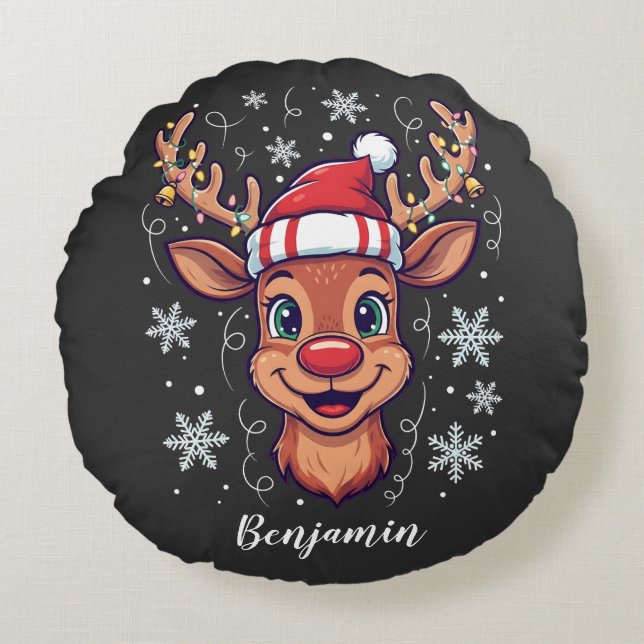 Custom Christmas Cheer Cute Reindeer in Hat  Rundes Kissen (Vorderseite)