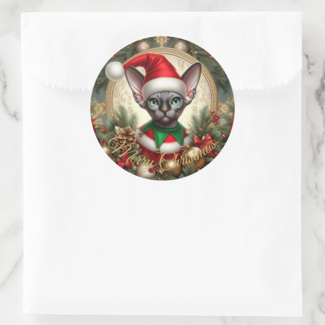 Custom Christmas Elf Sphynx Cat Geschenk Xmas Runder Aufkleber (Tasche)