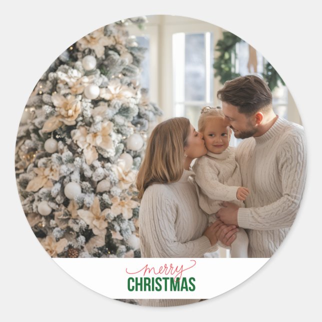 Custom Christmas Family Foto Runder Aufkleber (Vorderseite)