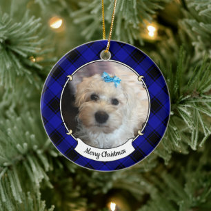 Custom Christmas Foto Blue & Black Kariert Pet Keramik Ornament