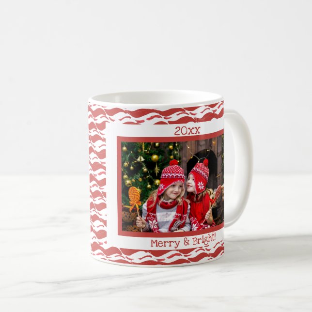 Custom Christmas Foto Candy Cane Red White Retro Kaffeetasse (VorderseiteRechts)