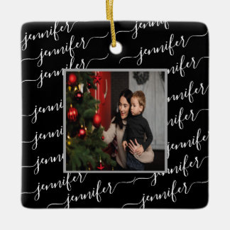 Custom Christmas Foto - Schwarz & Weiß Kalligrafie Keramikornament