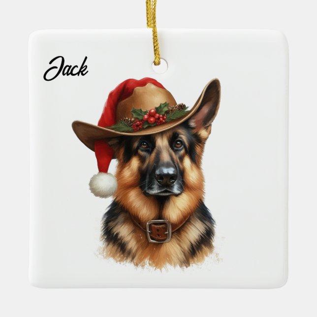 Custom Christmas German Shepherd Dog Cowboy Hat Keramikornament (Vorderseite)