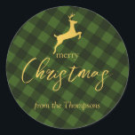 Custom Christmas Green Buffalo Kariert Rentier Tag Runder Aufkleber<br><div class="desc">Ein rustikales,  grün und schwarz Büffel kariertes Muster mit Goldtext und Rentier. Ideal für Weihnachtsgeschenke und Dekoration. Passen Sie den Weihnachtsaufkleber mit Ihrem Text an und machen Sie ihn zu Ihrem eigenen.</div>