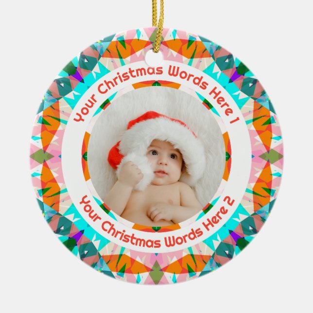 Custom Christmas Orange Teal Family Photo Gift Keramik Ornament (Vorne)