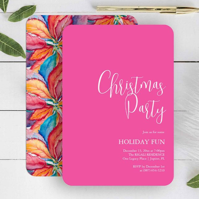Custom Christmas Party lädt Fuchsia Pink ein Einladung (Pink Christmas party invitation features unique poinsettia watercolor art by Victoria Grigaliunas)